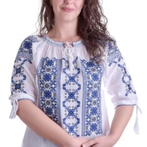 Bluza tip ie alba cu motiv floral albastru Liana 02