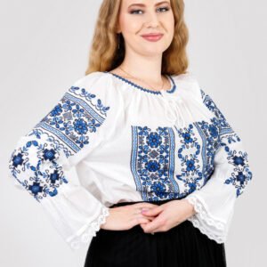 Bluza tip ie alba cu motiv floral albastru Liana 05