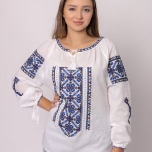 Bluza tip ie alba cu motiv floral albastru Petronela 03