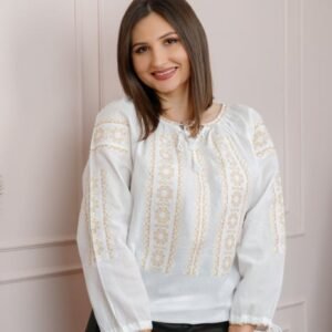 Bluza tip ie alba cu motiv floral auriu Sorina