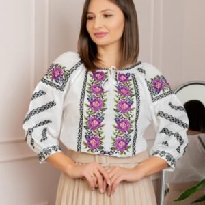 Bluza tip ie alba cu motiv floral mov Iolanda