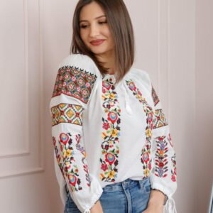 Bluza tip ie alba cu motiv floral multicolor Georgiana
