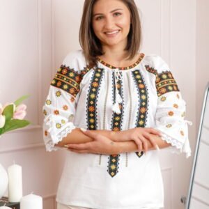 Bluza tip ie alba cu motiv floral multicolor Minodora