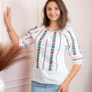 Bluza tip ie alba cu motiv floral multicolor Rozalia