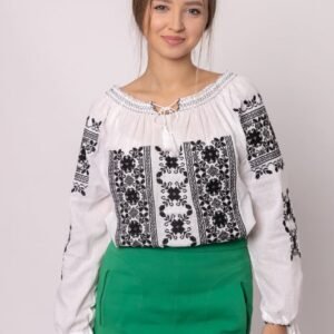 Bluza tip ie alba cu motiv floral negru Liana 03