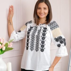Bluza tip ie alba cu motiv floral negru Mioara