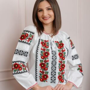 Bluza tip ie alba cu motiv floral rosu Alexandra 02