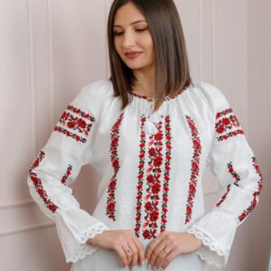 Bluza tip ie alba cu motiv floral rosu Cipriana 01
