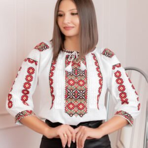 Bluza tip ie alba cu motiv floral rosu Domnita