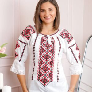 Bluza tip ie alba cu motiv floral rosu Evelina 01