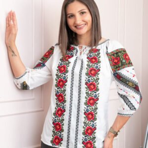 Bluza tip ie alba cu motiv floral rosu Floarea