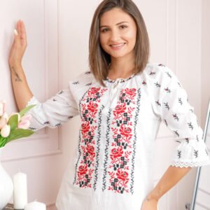 Bluza tip ie alba cu motiv floral rosu Floriana 01