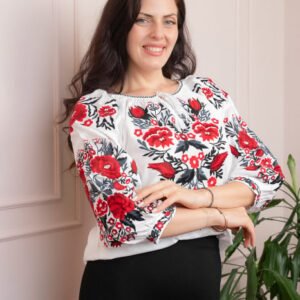 Bluza tip ie alba cu motiv floral rosu Gianina