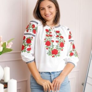 Bluza tip ie alba cu motiv floral rosu Hortensia
