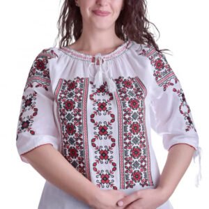 Bluza tip ie alba cu motiv floral rosu Liana 01
