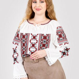Bluza tip ie alba cu motiv floral rosu Liana 06