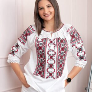 Bluza tip ie alba cu motiv floral rosu Liana 08