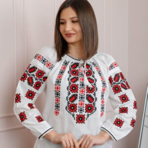 Bluza tip ie alba cu motiv floral rosu Magdalena