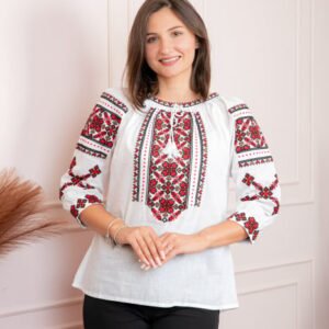 Bluza tip ie alba cu motiv floral rosu Petronela 07