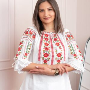 Bluza tip ie alba cu motiv floral rosu Pompilia