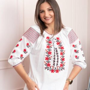 Bluza tip ie alba cu motiv floral rosu Viorica 01