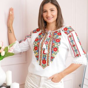 Bluza tip ie alba cu motiv floral tricolor Gabriela