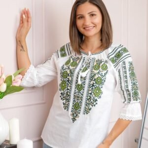 Bluza tip ie alba cu motiv floral verde Arabella