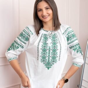 Bluza tip ie alba cu motiv floral verde Ecaterina