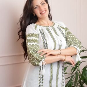 Bluza tip ie alba cu motiv floral verde Isidora