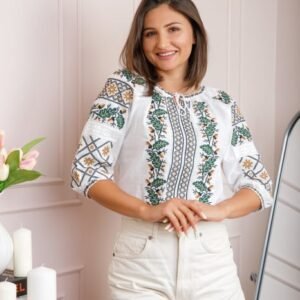 Bluza tip ie alba cu motiv floral verde Stela