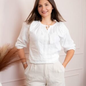Bluza tip ie alba cu motiv geometric alb Amina
