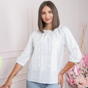 Bluza tip ie alba cu motiv geometric alb Daiana 02