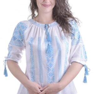 Bluza tip ie alba cu motiv geometric albastru Gratiela 05