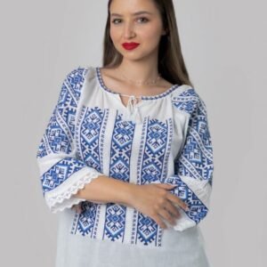 Bluza tip ie alba cu motiv geometric albastru Ina 02