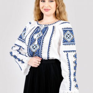 Bluza tip ie alba cu motiv geometric albastru Paraschiva 05