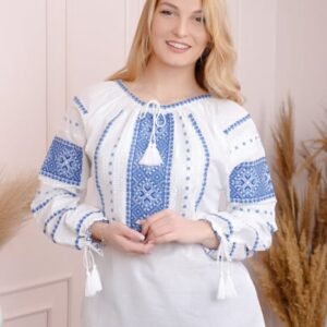 Bluza tip ie alba cu motiv geometric albastru Paraschiva 10