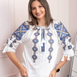 Bluza tip ie alba cu motiv geometric albastru Stefana