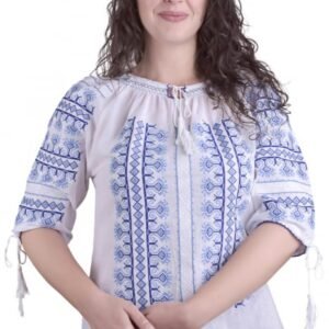 Bluza tip ie alba cu motiv geometric albastru Vera 04