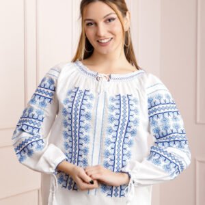 Bluza tip ie alba cu motiv geometric albastru Vera 05