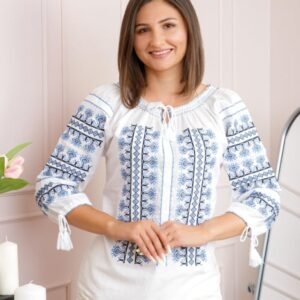 Bluza tip ie alba cu motiv geometric albastru Vera 09