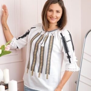 Bluza tip ie alba cu motiv geometric auriu Anita