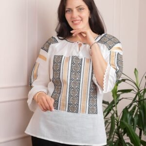 Bluza tip ie alba cu motiv geometric auriu Draga 02