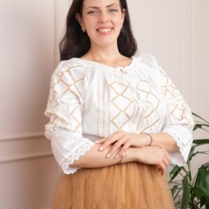 Bluza tip ie alba cu motiv geometric auriu Tiana