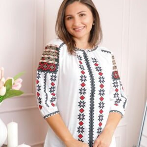 Bluza tip ie alba cu motiv geometric bicolor Anca