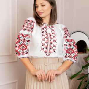 Bluza tip ie alba cu motiv geometric bicolor Magda