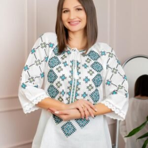 Bluza tip ie alba cu motiv geometric bleu Damiana