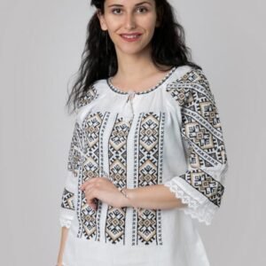 Bluza tip ie alba cu motiv geometric crem Ina 01
