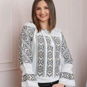 Bluza tip ie alba cu motiv geometric crem Ina 06