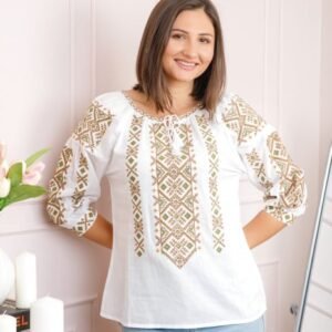 Bluza tip ie alba cu motiv geometric crem Melinda 02