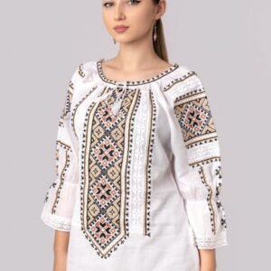Bluza tip ie alba cu motiv geometric crem Paraschiva 03